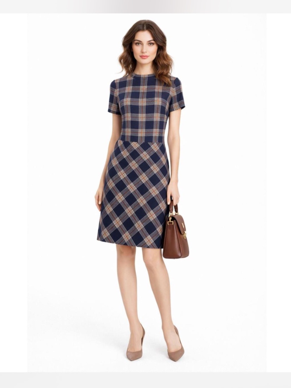 Brooks Brothers Navy and Orange Plaid Wool Blend A-Line Dress